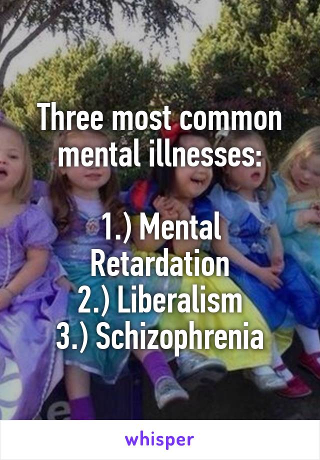 Three most common mental illnesses:

1.) Mental Retardation
2.) Liberalism
3.) Schizophrenia