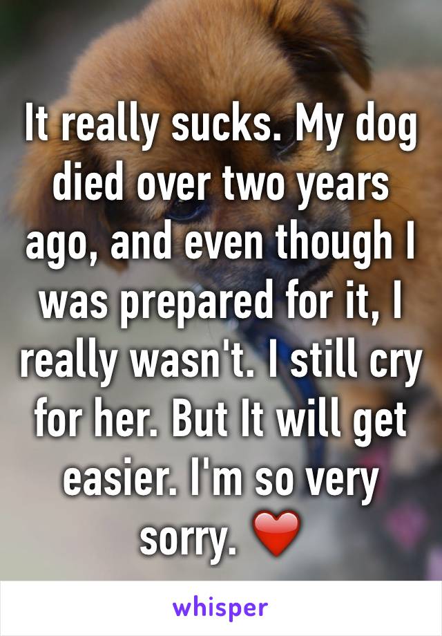 It really sucks. My dog died over two years ago, and even though I was prepared for it, I really wasn't. I still cry for her. But It will get easier. I'm so very sorry. ❤️