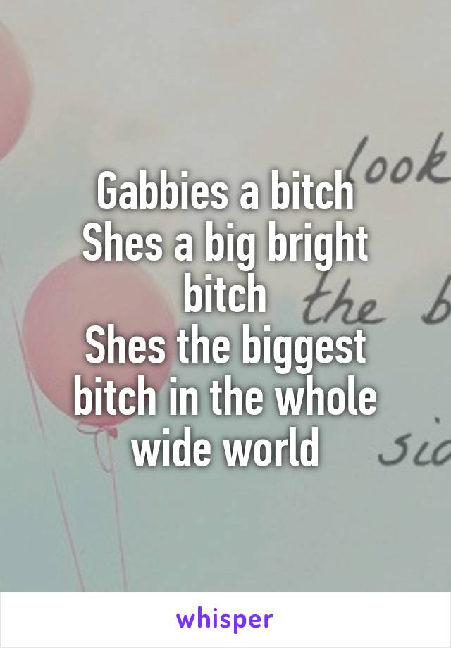 Gabbies a bitch
Shes a big bright bitch
Shes the biggest bitch in the whole wide world