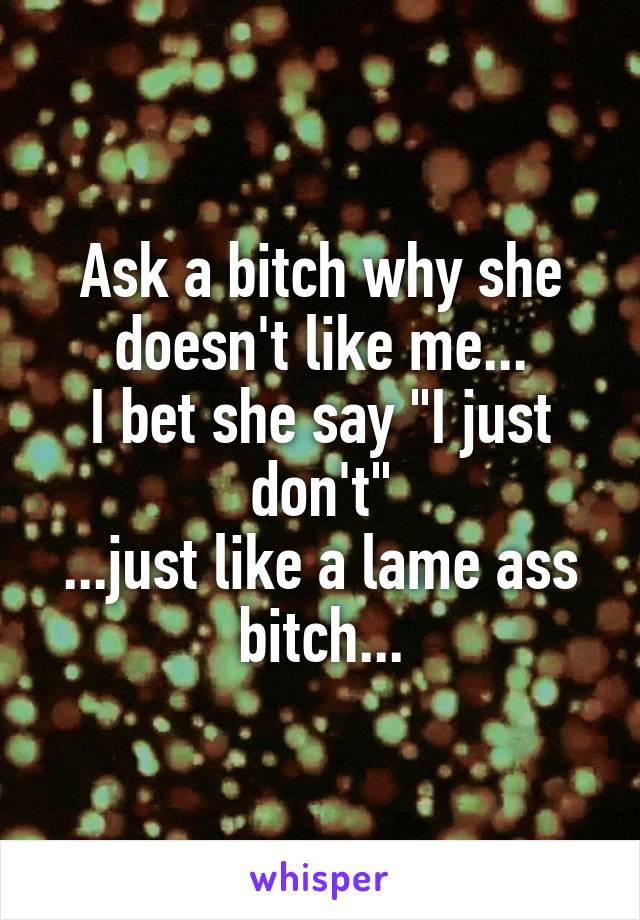 Ask a bitch why she doesn't like me...
I bet she say "I just don't"
...just like a lame ass bitch...