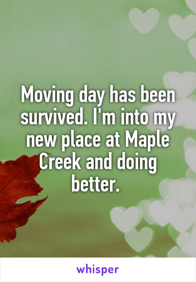 Moving day has been survived. I'm into my new place at Maple Creek and doing better. 