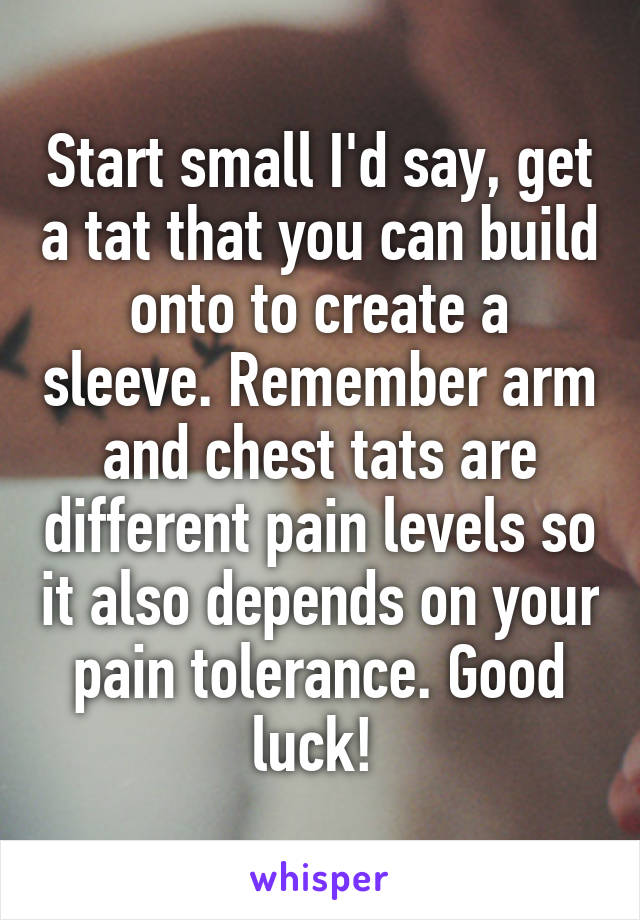 Start small I'd say, get a tat that you can build onto to create a sleeve. Remember arm and chest tats are different pain levels so it also depends on your pain tolerance. Good luck! 