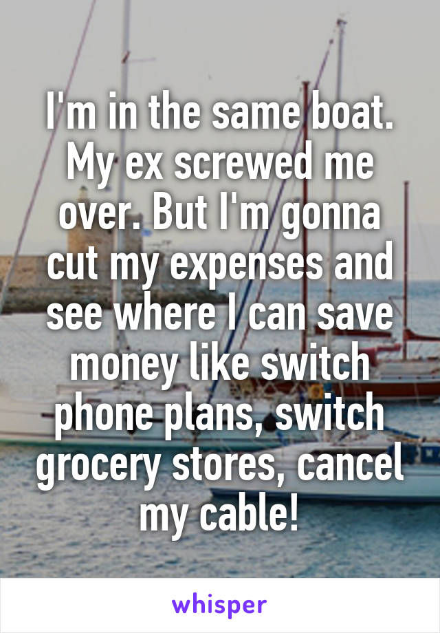 I'm in the same boat. My ex screwed me over. But I'm gonna cut my expenses and see where I can save money like switch phone plans, switch grocery stores, cancel my cable!