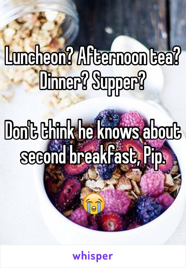 Luncheon? Afternoon tea? Dinner? Supper?

Don't think he knows about second breakfast, Pip.

😭