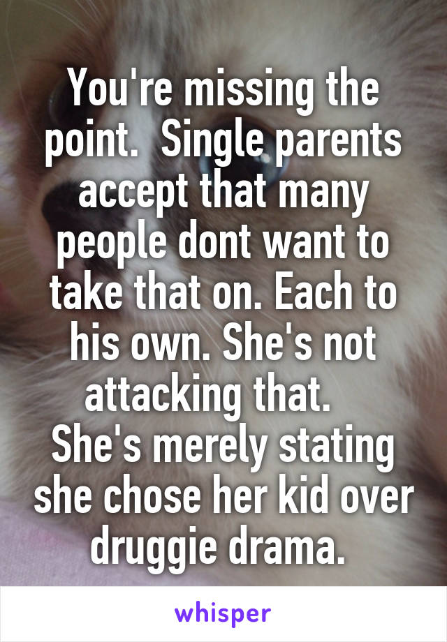 You're missing the point.  Single parents accept that many people dont want to take that on. Each to his own. She's not attacking that.   
She's merely stating she chose her kid over druggie drama. 