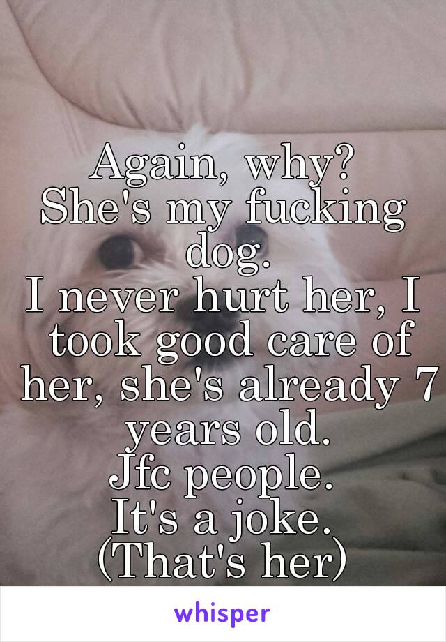 Again, why?
She's my fucking dog.
I never hurt her, I took good care of her, she's already 7 years old.
Jfc people.
It's a joke.
(That's her)