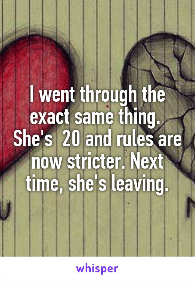 I went through the exact same thing.  She's  20 and rules are now stricter. Next time, she's leaving.