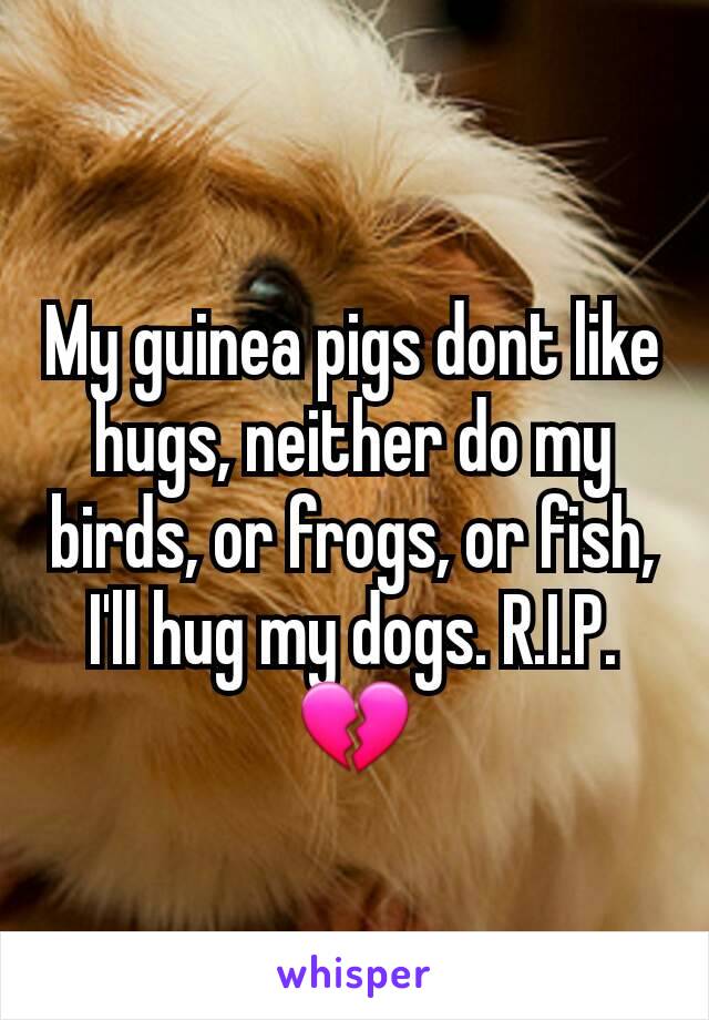 My guinea pigs dont like hugs, neither do my birds, or frogs, or fish, I'll hug my dogs. R.I.P. 💔