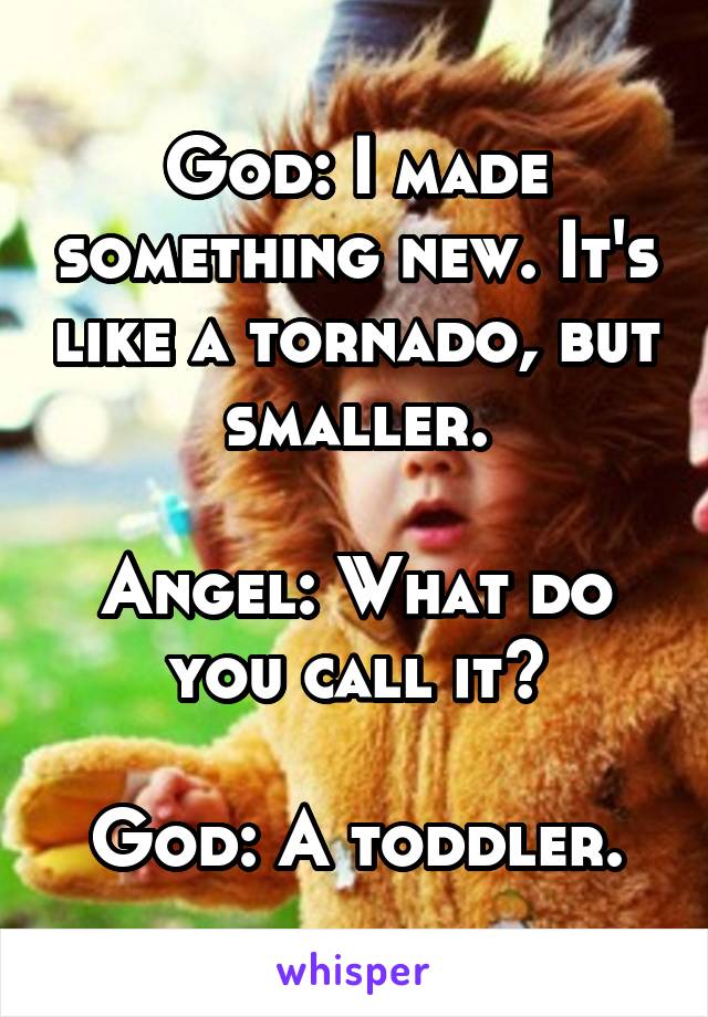 God: I made something new. It's like a tornado, but smaller.

Angel: What do you call it?

God: A toddler.