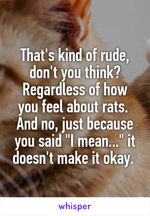 That's kind of rude, don't you think?
Regardless of how you feel about rats. 
And no, just because you said "I mean..." it doesn't make it okay. 