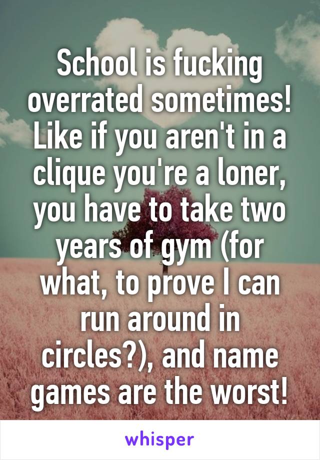 School is fucking overrated sometimes! Like if you aren't in a clique you're a loner, you have to take two years of gym (for what, to prove I can run around in circles?), and name games are the worst!