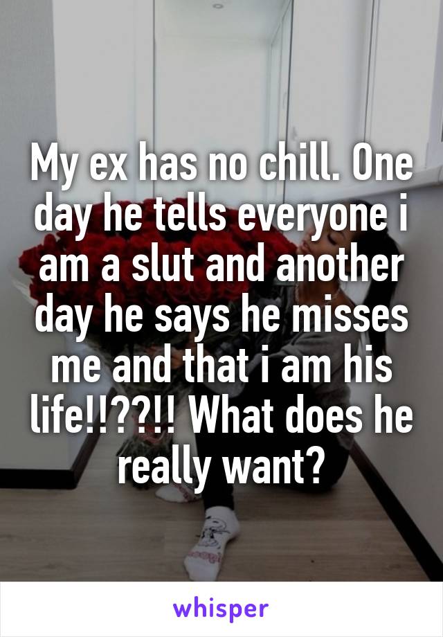 My ex has no chill. One day he tells everyone i am a slut and another day he says he misses me and that i am his life!!??!! What does he really want?