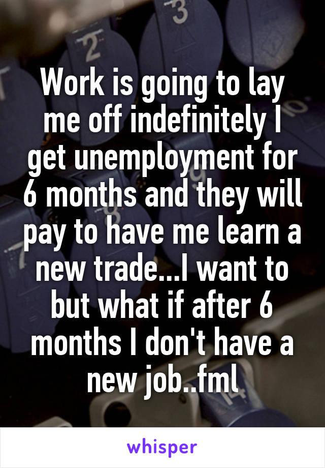 Work is going to lay me off indefinitely I get unemployment for 6 months and they will pay to have me learn a new trade...I want to but what if after 6 months I don't have a new job..fml
