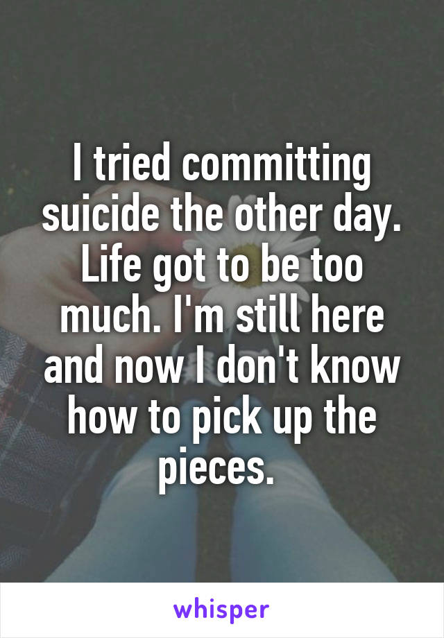 I tried committing suicide the other day. Life got to be too much. I'm still here and now I don't know how to pick up the pieces. 