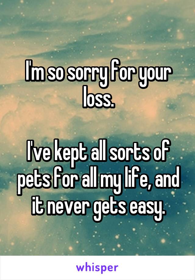 I'm so sorry for your loss.

I've kept all sorts of pets for all my life, and it never gets easy.