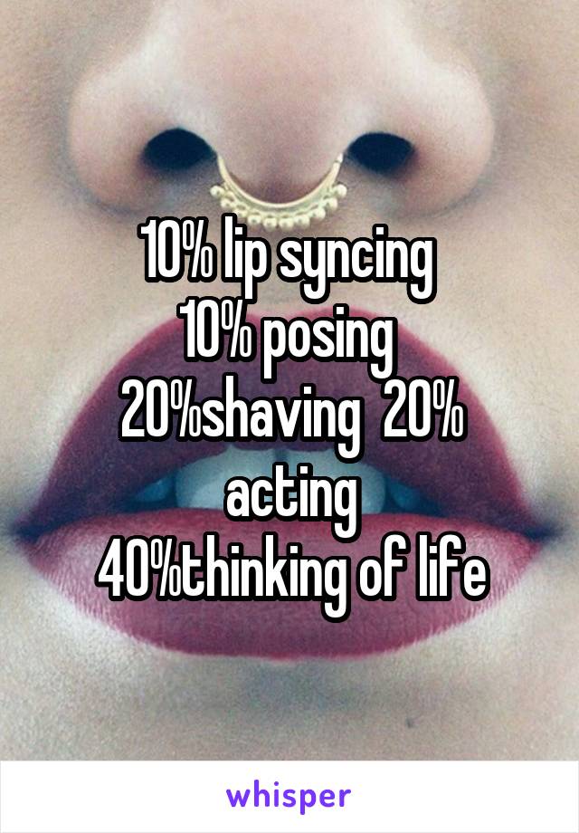 10% lip syncing 
10% posing 
20%shaving  20% acting
40%thinking of life