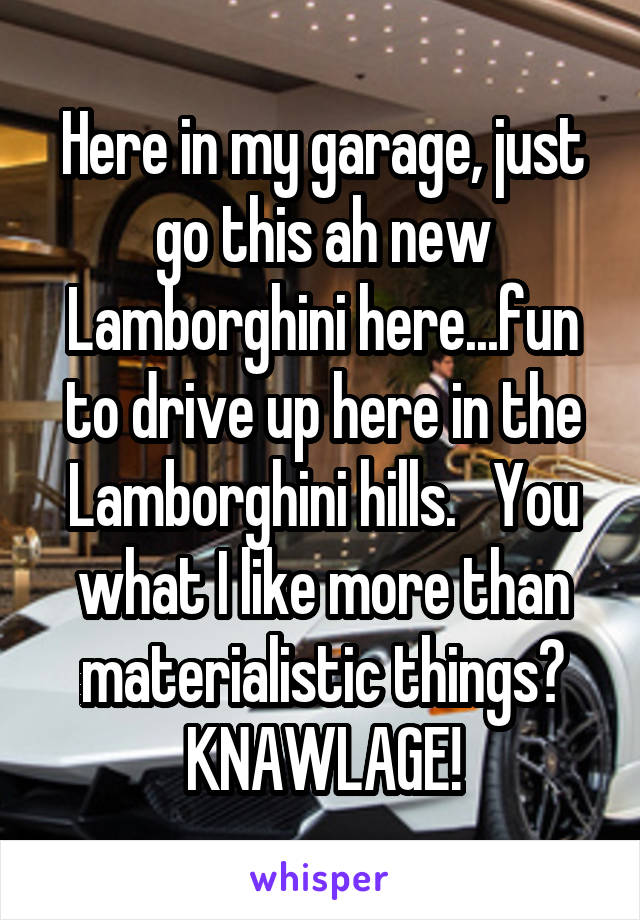 Here in my garage, just go this ah new Lamborghini here...fun to drive up here in the Lamborghini hills.   You what I like more than materialistic things? KNAWLAGE!