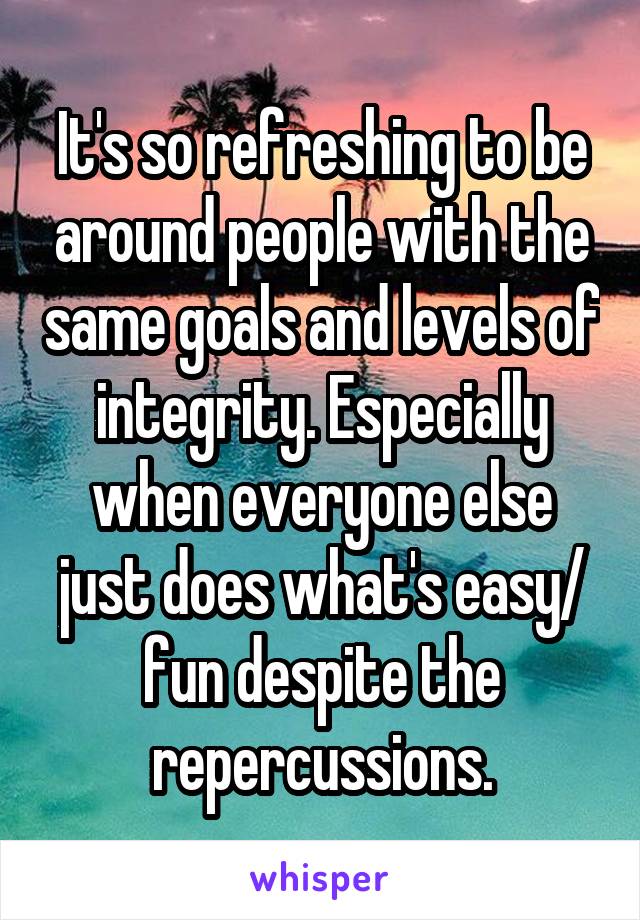 It's so refreshing to be around people with the same goals and levels of integrity. Especially when everyone else just does what's easy/ fun despite the repercussions.