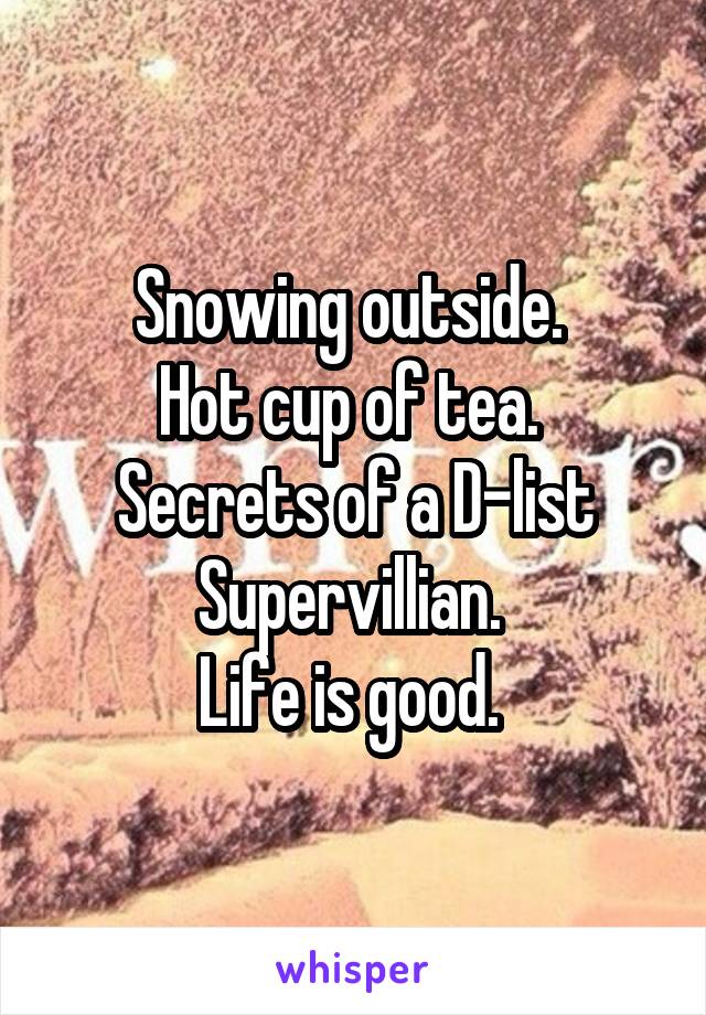 Snowing outside. 
Hot cup of tea. 
Secrets of a D-list Supervillian. 
Life is good. 