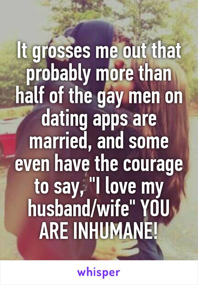 It grosses me out that probably more than half of the gay men on dating apps are married, and some even have the courage to say, "I love my husband/wife" YOU ARE INHUMANE!