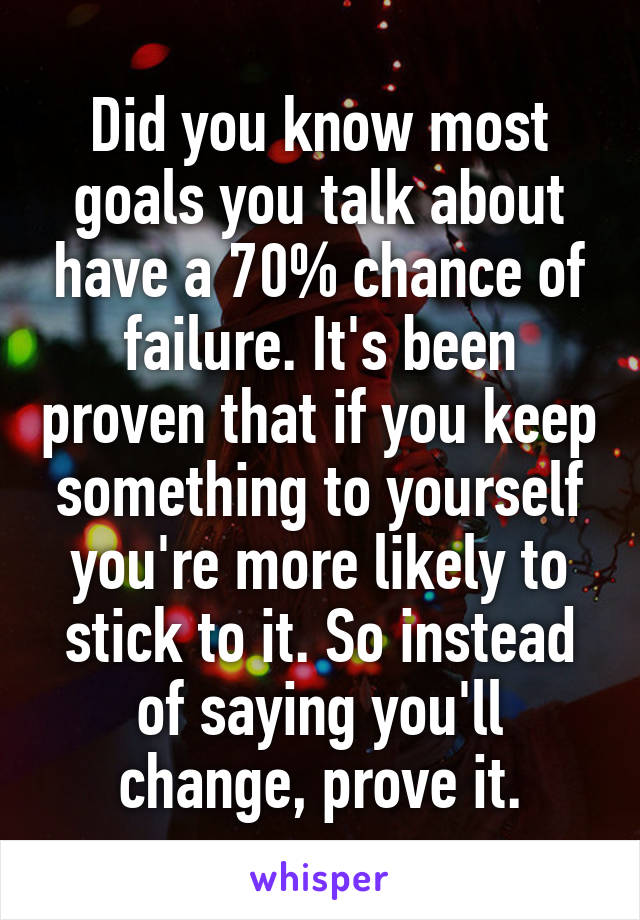 Did you know most goals you talk about have a 70% chance of failure. It's been proven that if you keep something to yourself you're more likely to stick to it. So instead of saying you'll change, prove it.