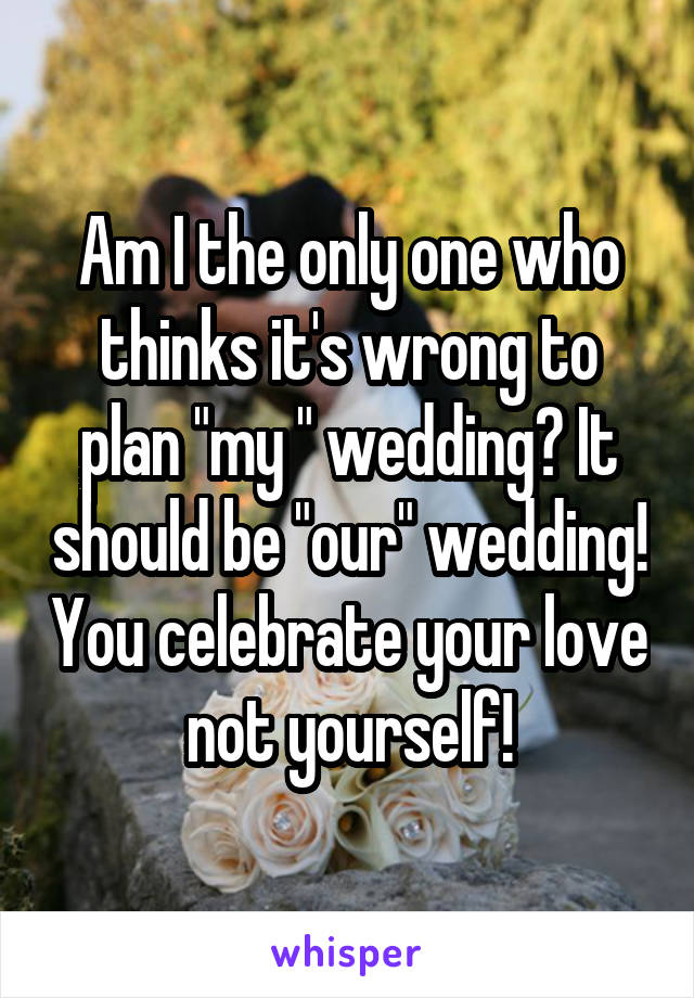 Am I the only one who thinks it's wrong to plan "my " wedding? It should be "our" wedding! You celebrate your love not yourself!