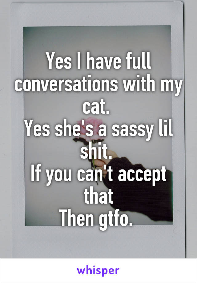 Yes I have full conversations with my cat. 
Yes she's a sassy lil shit. 
If you can't accept that
Then gtfo. 