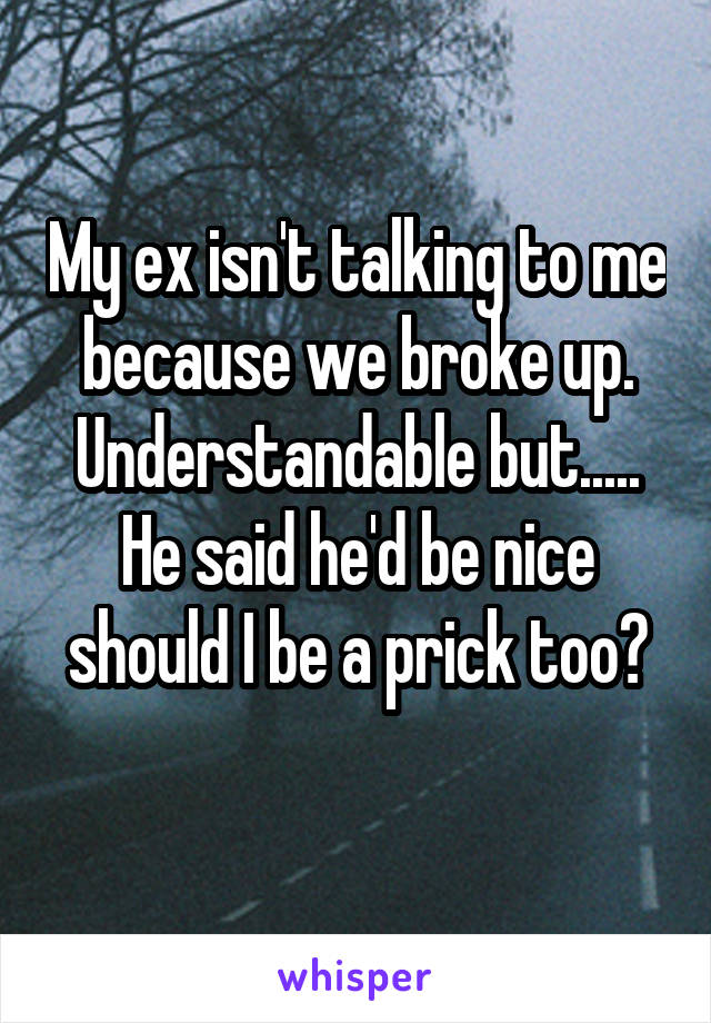 My ex isn't talking to me because we broke up. Understandable but..... He said he'd be nice should I be a prick too?
