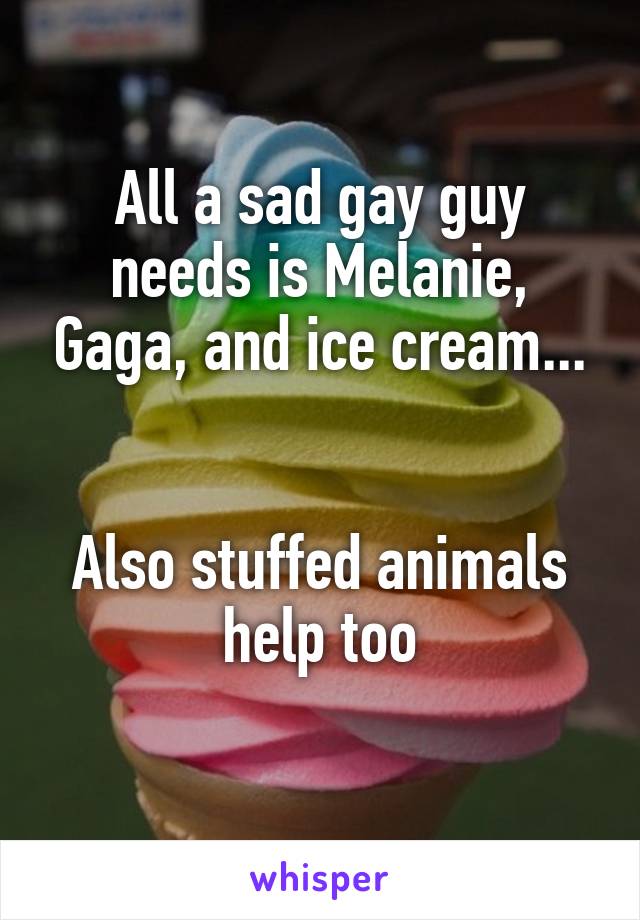 All a sad gay guy needs is Melanie, Gaga, and ice cream...


Also stuffed animals help too
