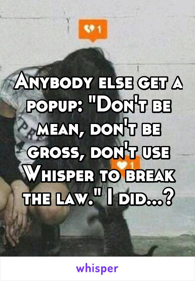 Anybody else get a popup: "Don't be mean, don't be gross, don't use Whisper to break the law." I did...?