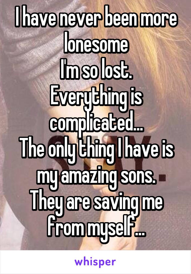 I have never been more lonesome
I'm so lost.
Everything is complicated...
The only thing I have is my amazing sons.
They are saving me from myself...
