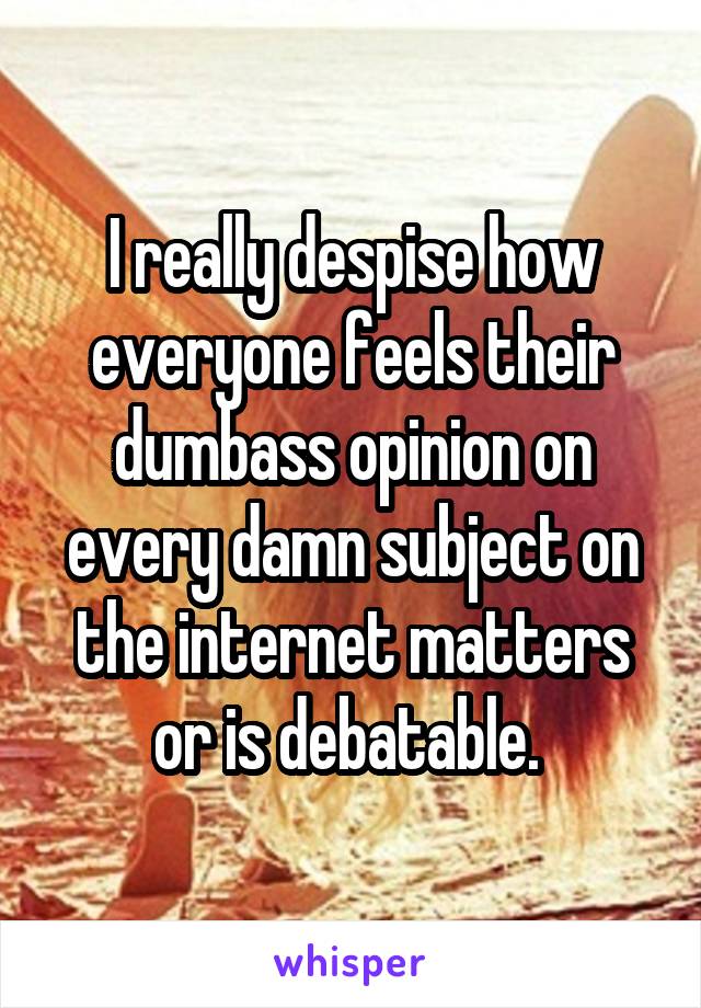 I really despise how everyone feels their dumbass opinion on every damn subject on the internet matters or is debatable. 