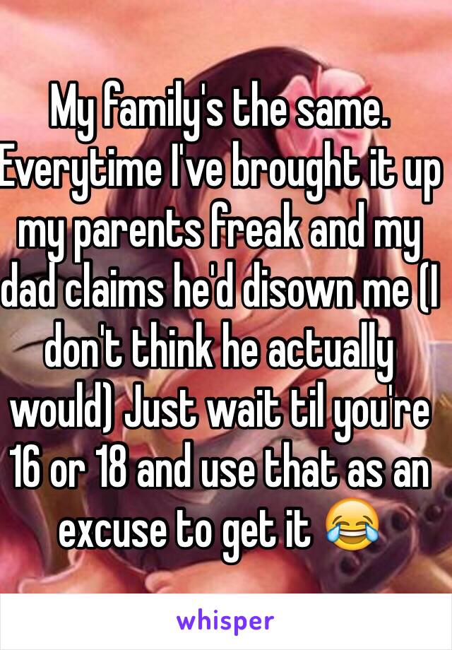 My family's the same. Everytime I've brought it up my parents freak and my dad claims he'd disown me (I don't think he actually would) Just wait til you're 16 or 18 and use that as an excuse to get it 😂