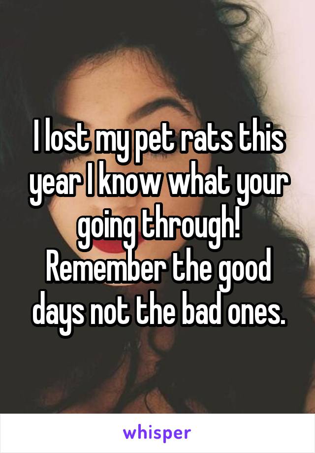 I lost my pet rats this year I know what your going through! Remember the good days not the bad ones.