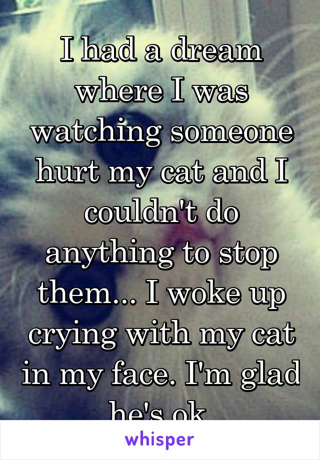 I had a dream where I was watching someone hurt my cat and I couldn't do anything to stop them... I woke up crying with my cat in my face. I'm glad he's ok.