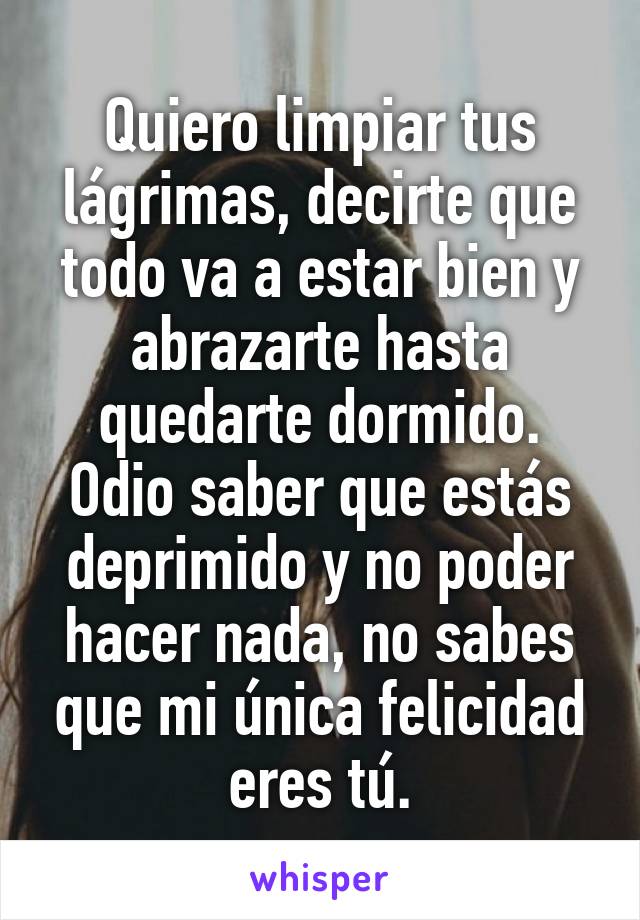 Quiero limpiar tus lágrimas, decirte que todo va a estar bien y abrazarte hasta quedarte dormido.
Odio saber que estás deprimido y no poder hacer nada, no sabes que mi única felicidad eres tú.