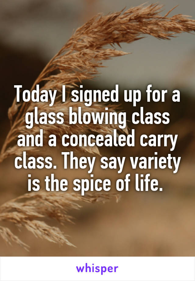 Today I signed up for a glass blowing class and a concealed carry class. They say variety is the spice of life. 