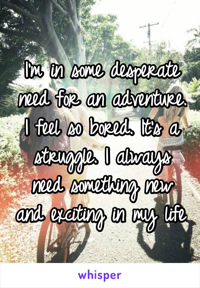 I'm in some desperate need for an adventure. I feel so bored. It's a struggle. I always need something new and exciting in my life.