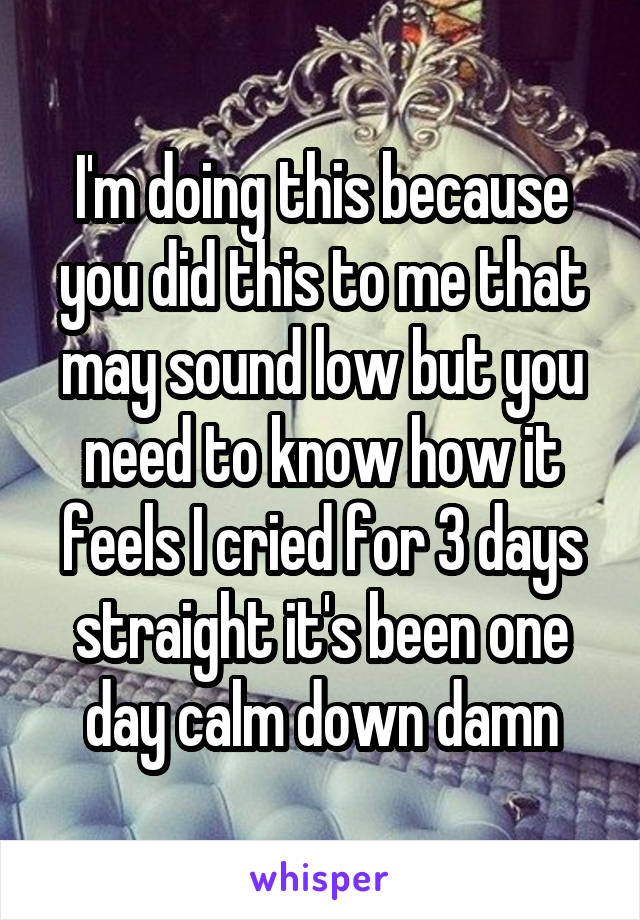 I'm doing this because you did this to me that may sound low but you need to know how it feels I cried for 3 days straight it's been one day calm down damn