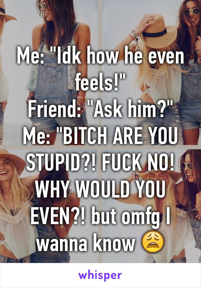 Me: "Idk how he even feels!"
Friend: "Ask him?"
Me: "BITCH ARE YOU STUPID?! FUCK NO! WHY WOULD YOU EVEN?! but omfg I wanna know 😩