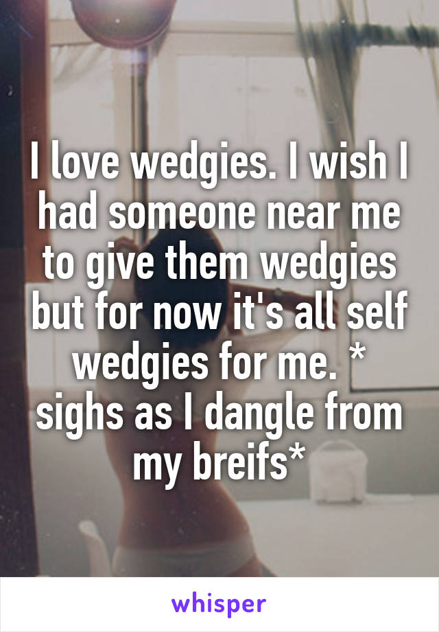 I love wedgies. I wish I had someone near me to give them wedgies but for now it's all self wedgies for me. * sighs as I dangle from my breifs*