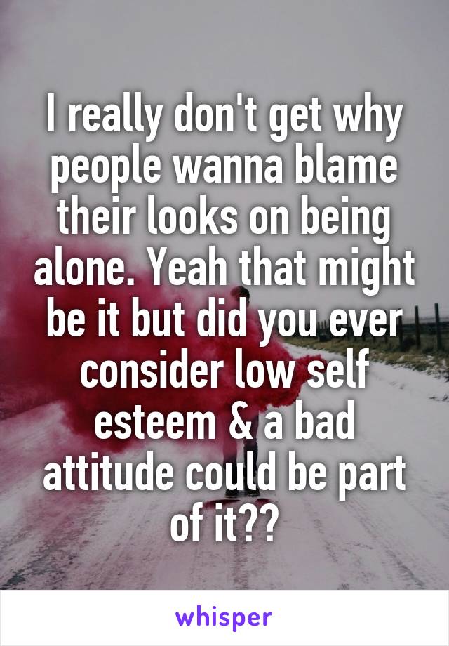 I really don't get why people wanna blame their looks on being alone. Yeah that might be it but did you ever consider low self esteem & a bad attitude could be part of it??