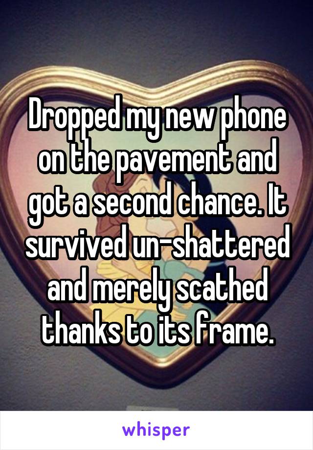 Dropped my new phone on the pavement and got a second chance. It survived un-shattered and merely scathed thanks to its frame.