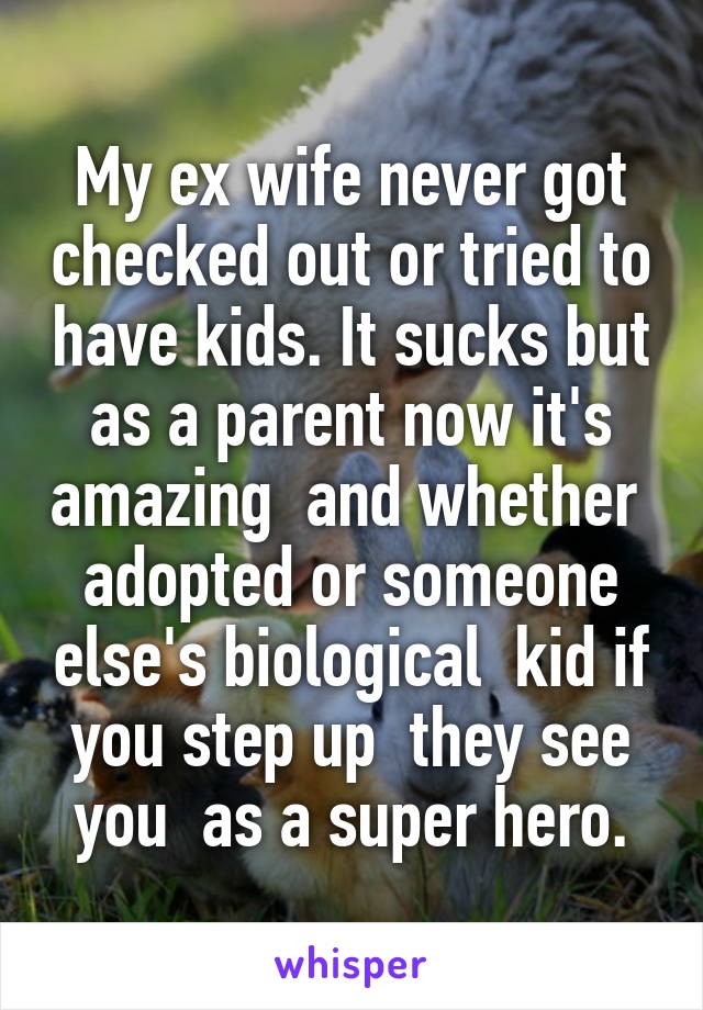 My ex wife never got checked out or tried to have kids. It sucks but as a parent now it's amazing  and whether  adopted or someone else's biological  kid if you step up  they see you  as a super hero.