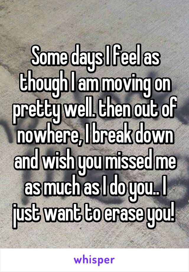 Some days I feel as though I am moving on pretty well. then out of nowhere, I break down and wish you missed me as much as I do you.. I just want to erase you! 