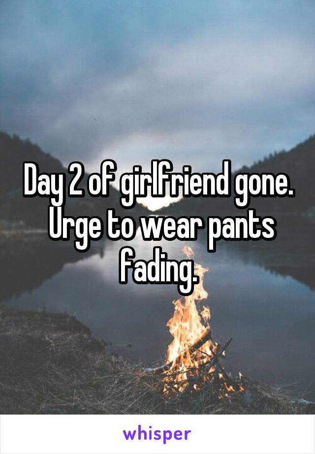 Day 2 of girlfriend gone.  Urge to wear pants fading.