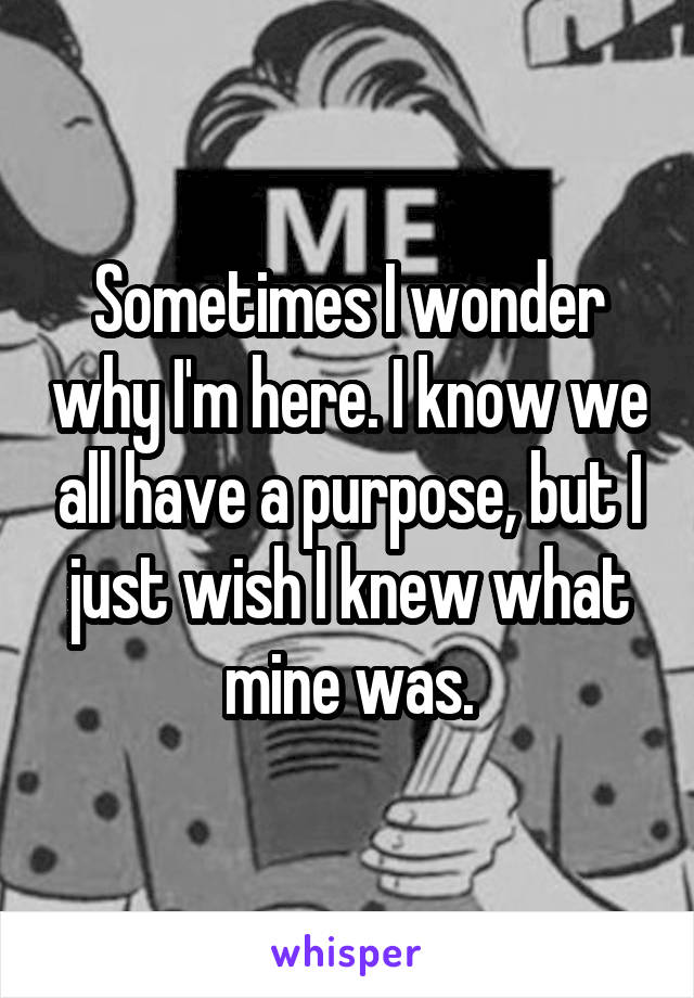 Sometimes I wonder why I'm here. I know we all have a purpose, but I just wish I knew what mine was.