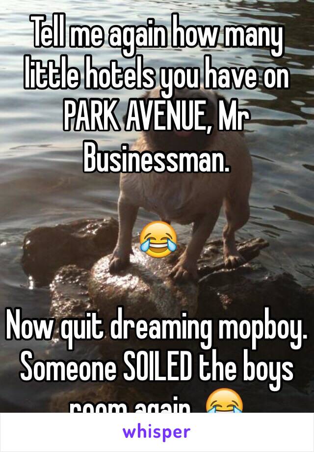 Tell me again how many little hotels you have on PARK AVENUE, Mr Businessman. 

😂

Now quit dreaming mopboy. Someone SOILED the boys room again. 😂