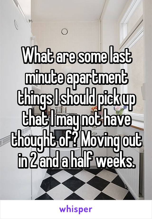 What are some last minute apartment things I should pick up that I may not have thought of? Moving out in 2 and a half weeks.