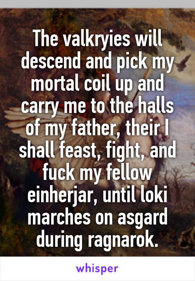 The valkryies will descend and pick my mortal coil up and carry me to the halls of my father, their I shall feast, fight, and fuck my fellow einherjar, until loki marches on asgard during ragnarok.